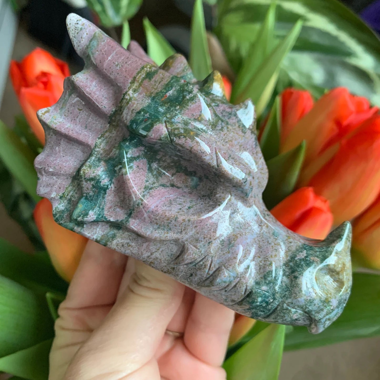 Ocean Jasper Carved Dragon Skull Head