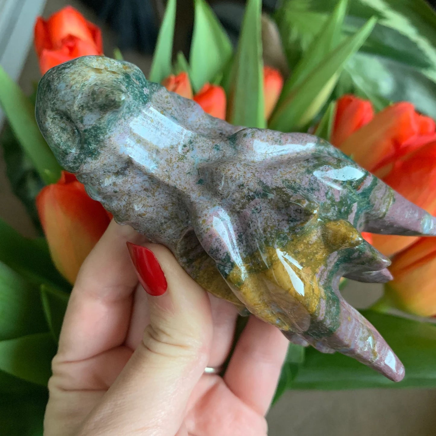 Ocean Jasper Carved Dragon Skull Head