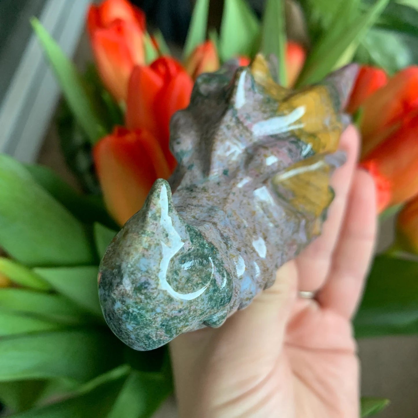 Ocean Jasper Carved Dragon Skull Head