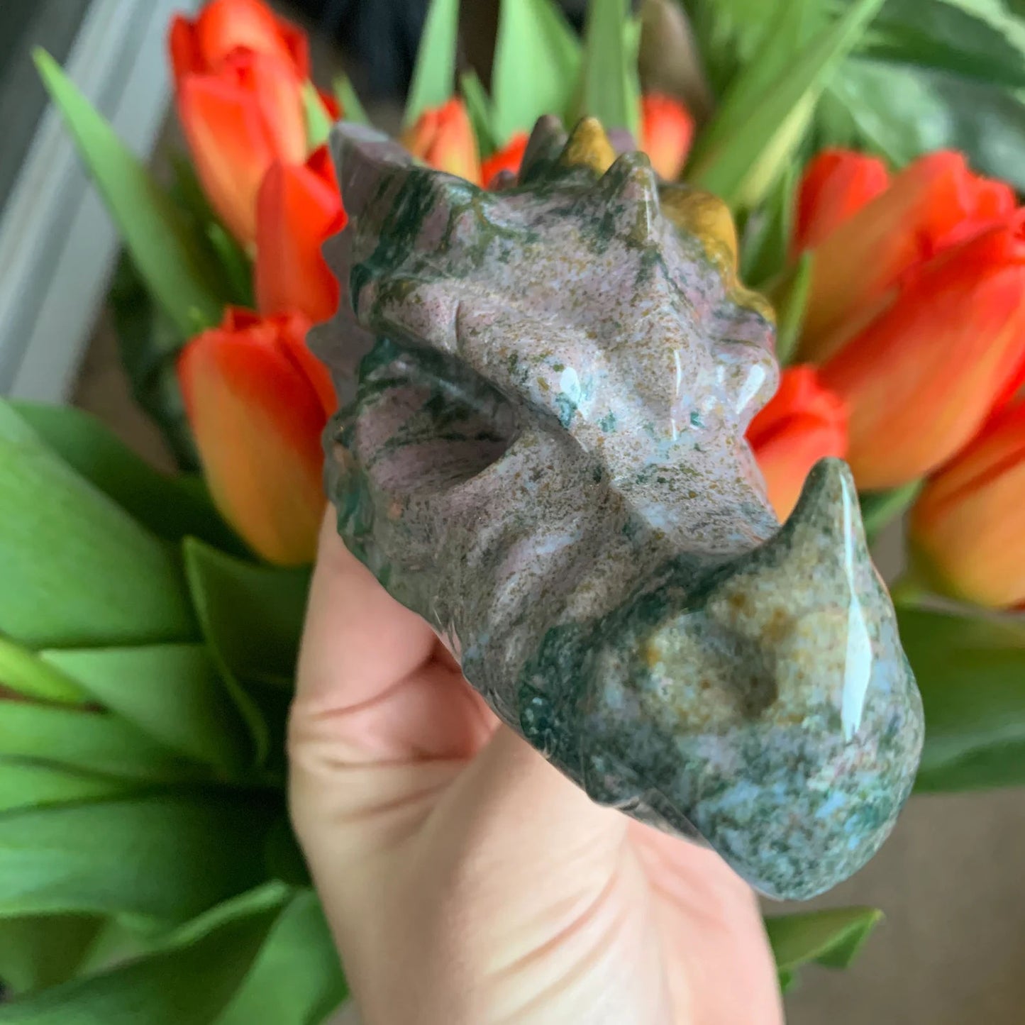 Ocean Jasper Carved Dragon Skull Head