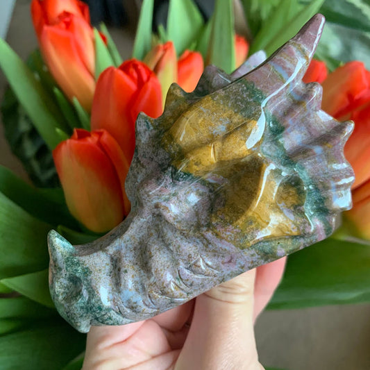 Ocean Jasper Carved Dragon Skull Head